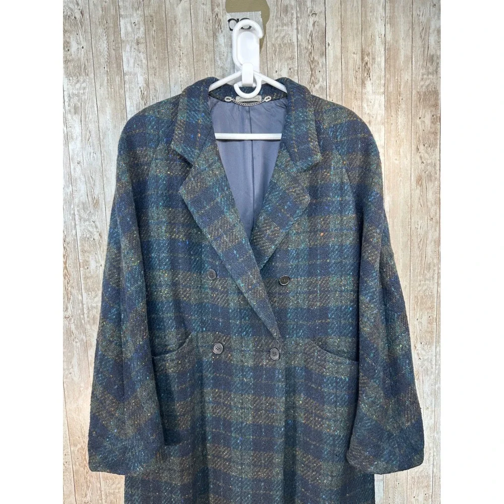 Burberrys '80's Italian Vintage 100%‎ Wool Coat Blue and Orange Plaid Size 16 - Picture 2 of 7